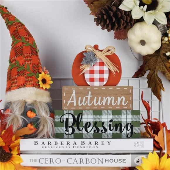 Thanksgiving Decorations for Home, Large Size 3-Layered Wood Block with Pumpkin - Picture 4 of 7